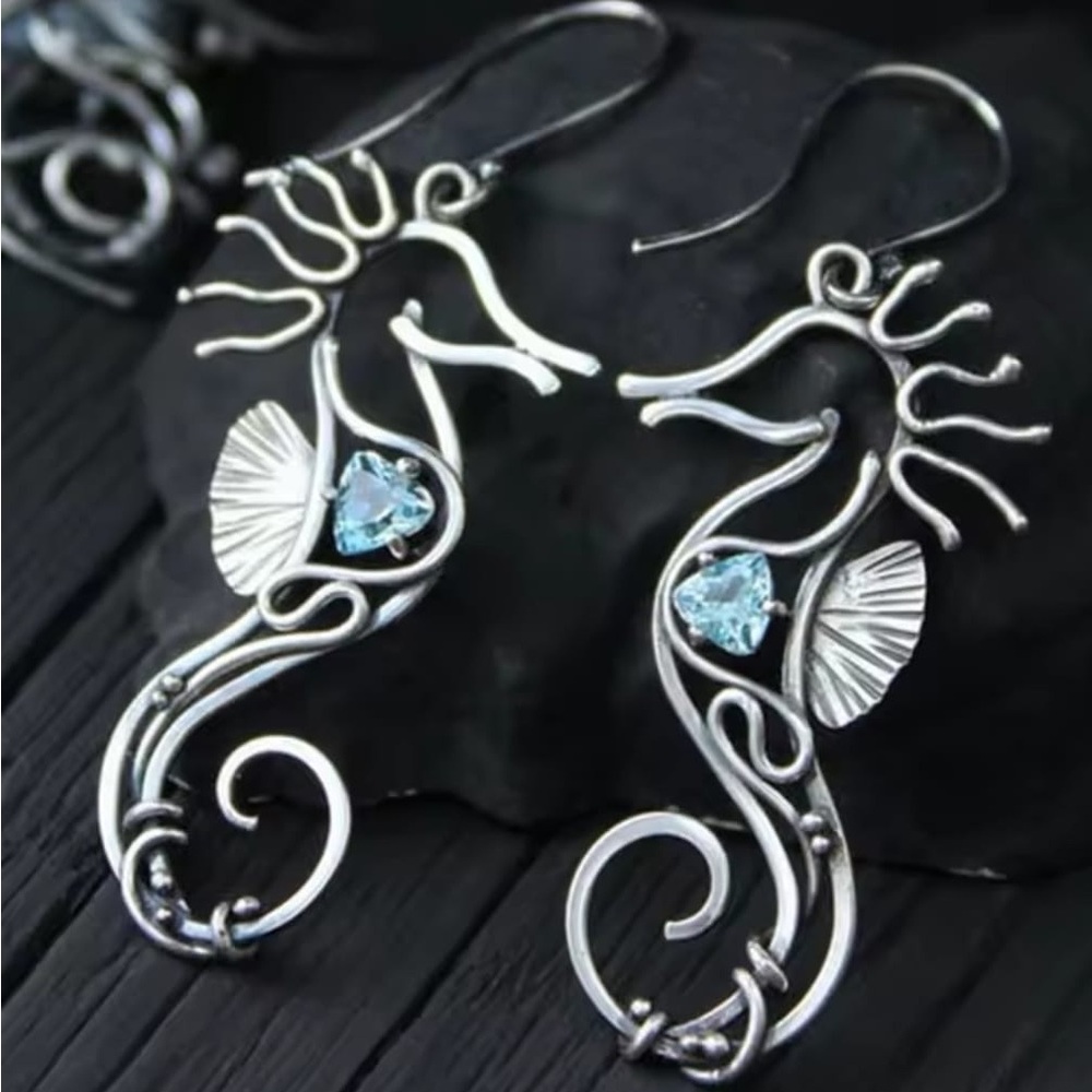 Ethnic Silver Color Metal Leaf Women's Earring Vintage Round Inlaid Green Long